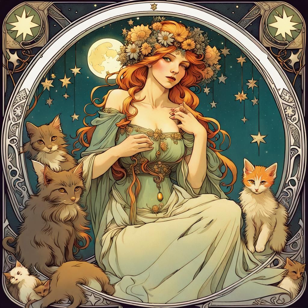 Celestial Enchantress with Kittens in Renaissance Style