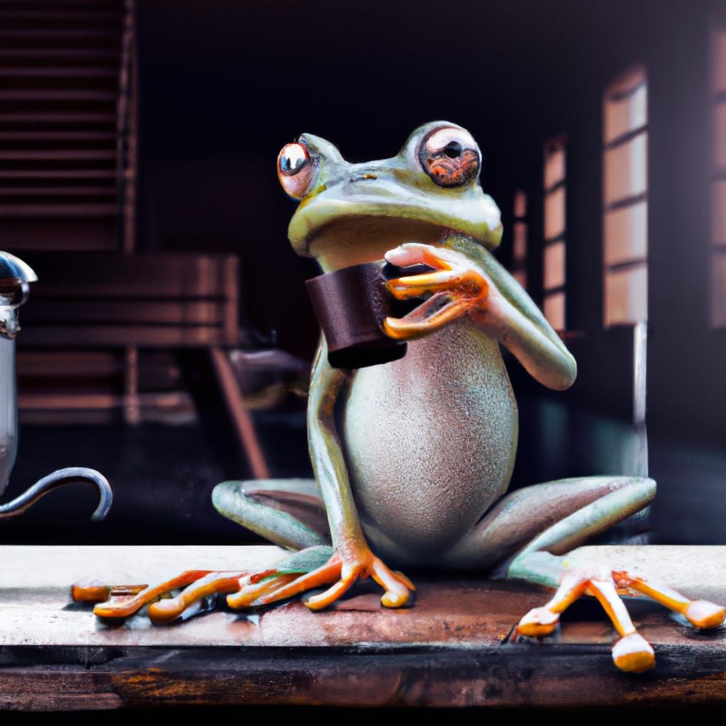 Adorable Frog Drinking Coffee: Photorealistic Hyperrealism