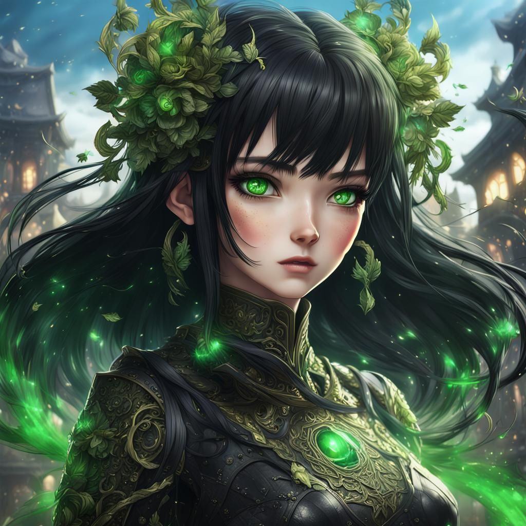 Anime Girl with Black Hair and Green Eyes