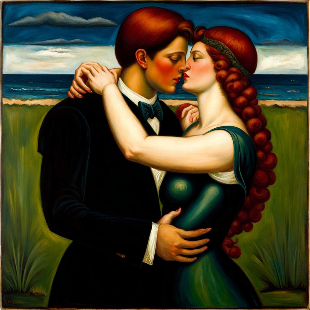 The Kiss: Lovers Embrace in Art Nouveau Style