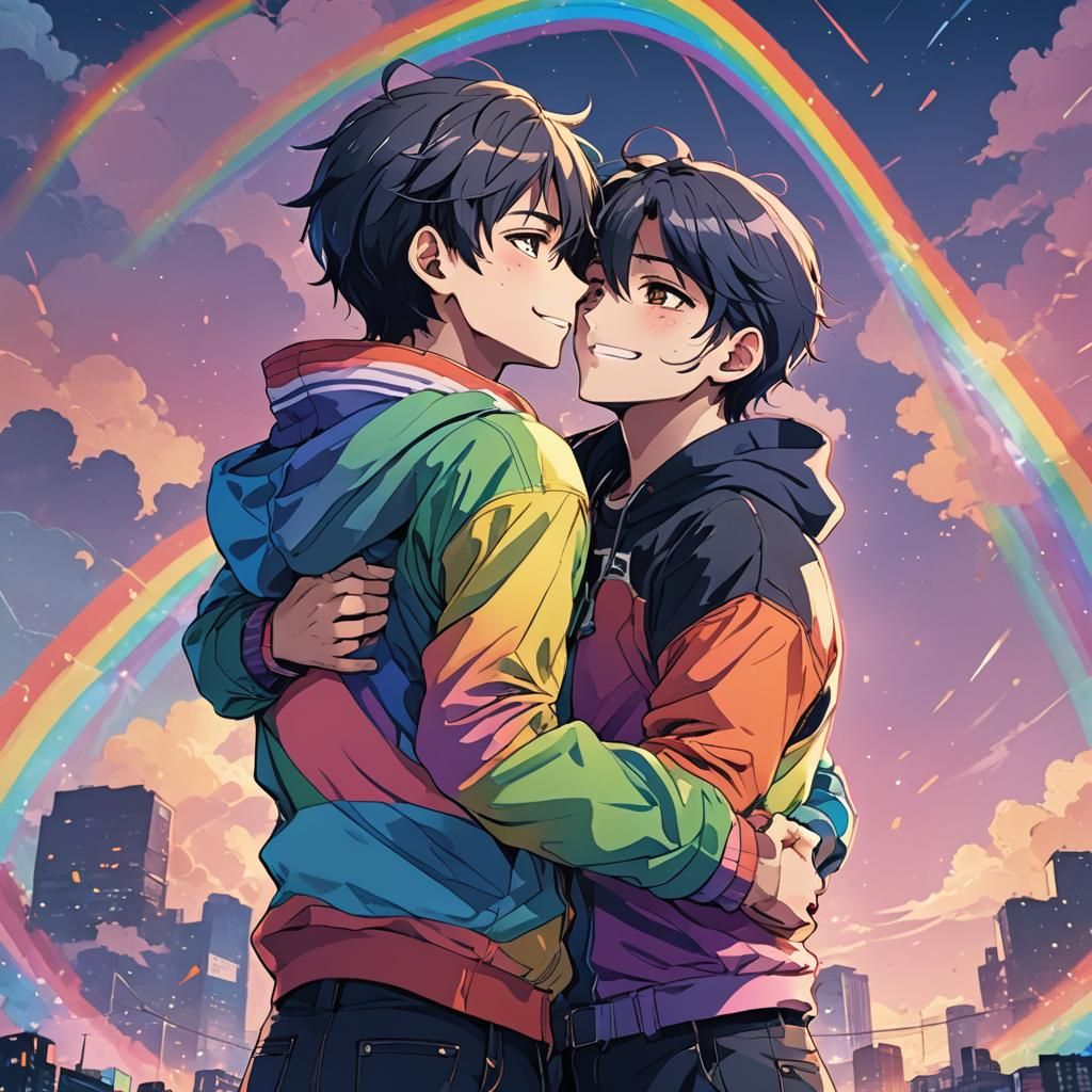 Gay Anime Couple Hugging in Rainbow Manga Style