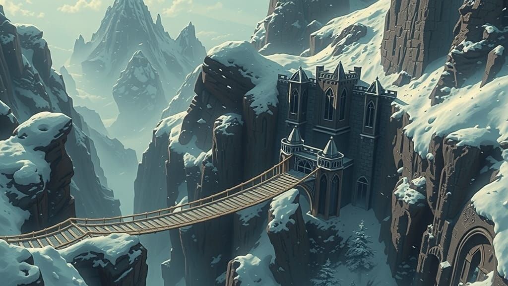 Dark Fantasy Mountain Kingdom in Snow-Shrouded Ruin