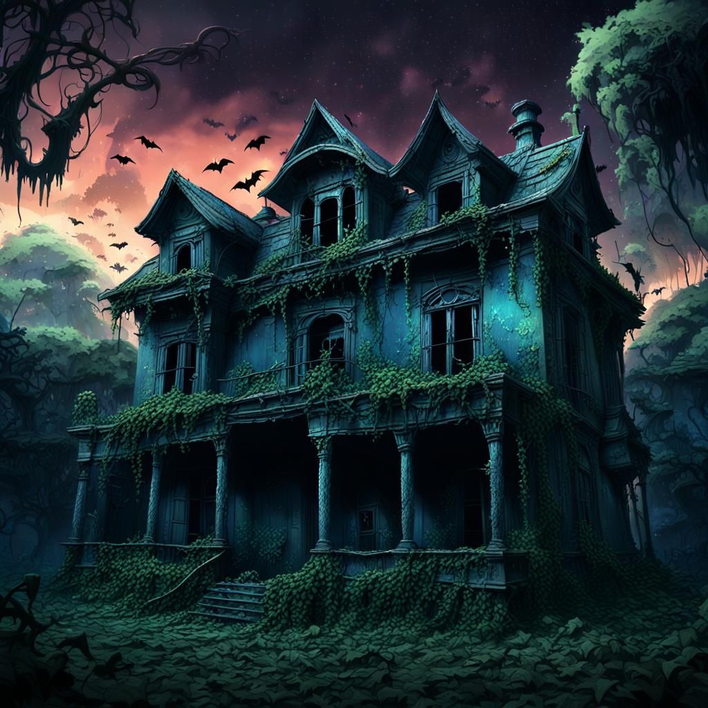 Creepy Jungle House with Bats, Detailed Matte Painting