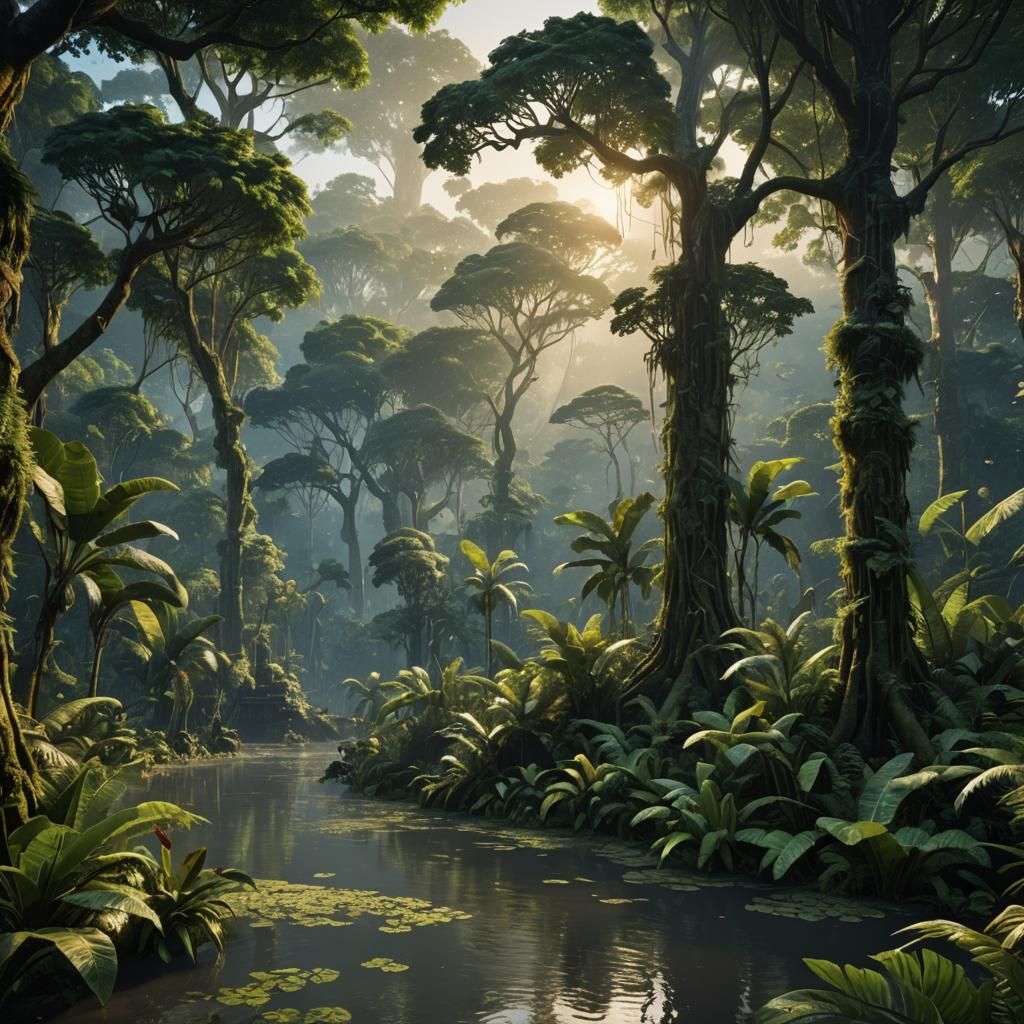 Lush Amazon Rainforest at Dawn: Detailed Matte Painting