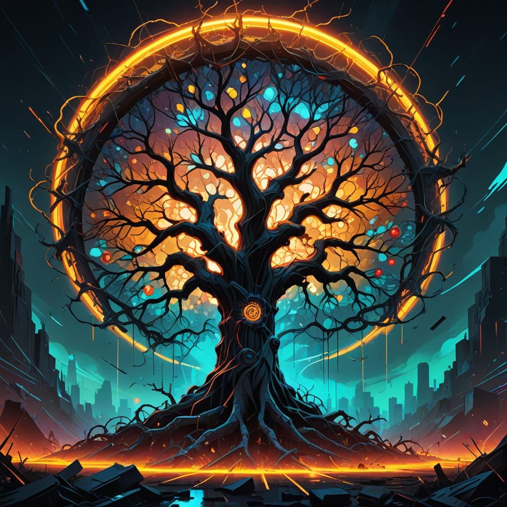 Twisted Tree of Life in Neon-Lit Chaos