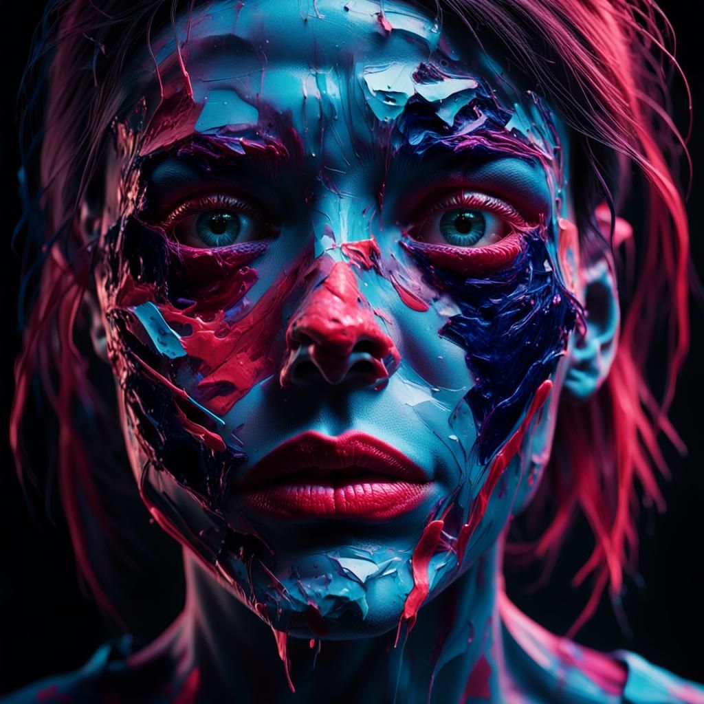 Surreal Face with Glitch Effects in Horror Aesthetic