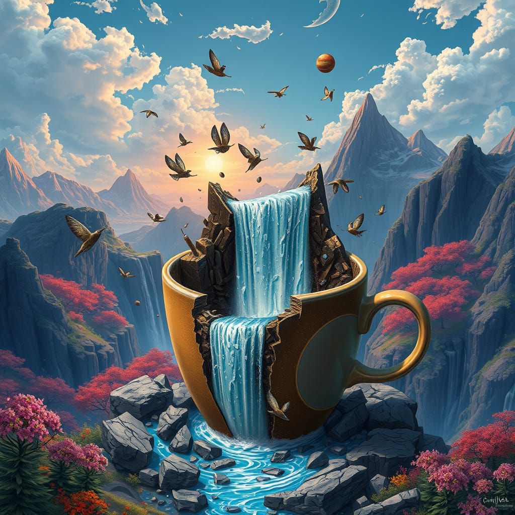 Waterfall Coffee Cup in a Majestic Landscape
