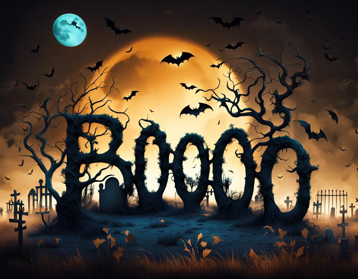 Eerie Graveyard Scene with Text 'BOO' in Abstract Style