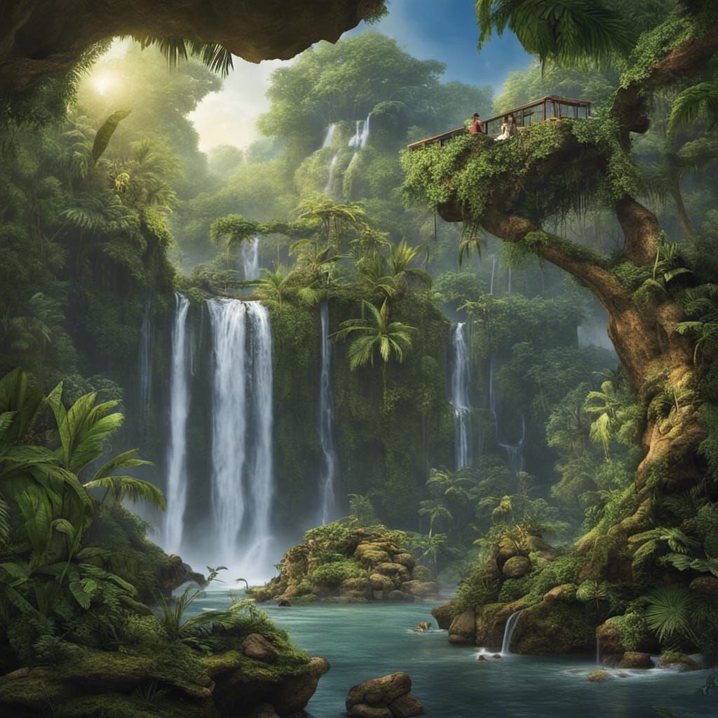 Tropical Rainforest Paradise with Waterfalls and Wildlife