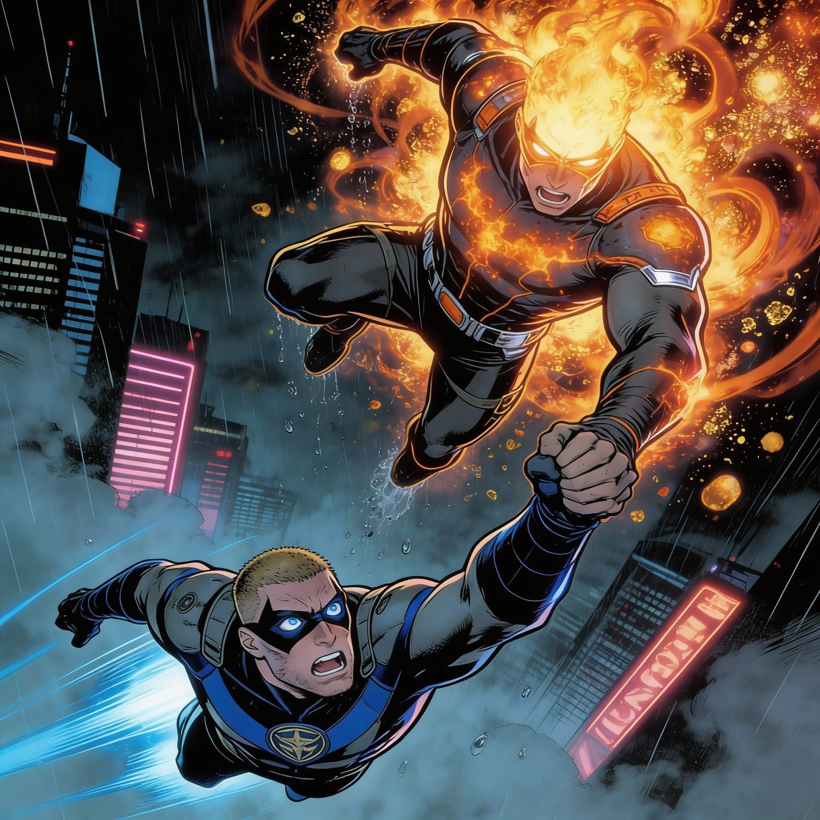 Noir Comic Style: Heroes Fall and Ignite Above City