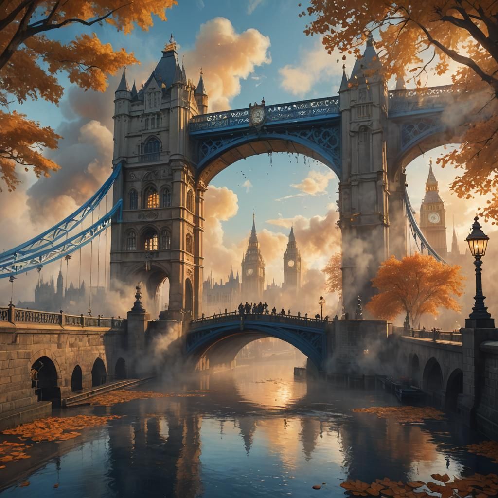 Autumn on London Bridge: Steampunk Fantasy Art