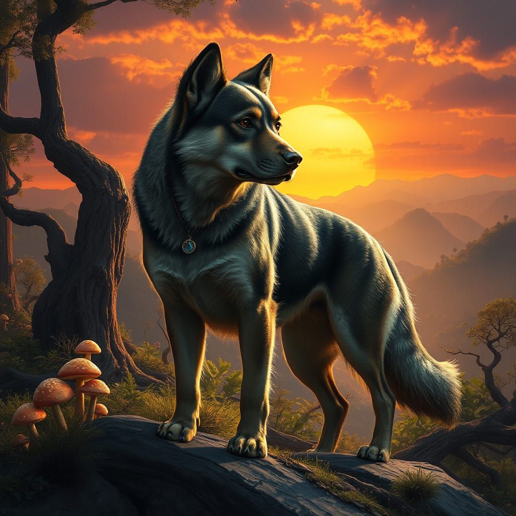Regal Dog Standing amidst Vibrant Sunset Landscape