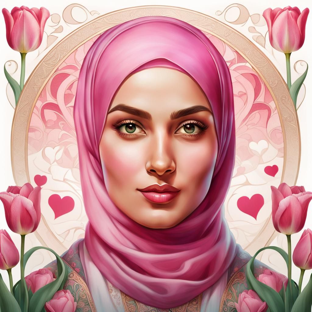 Beautiful Woman in Hijab Portrait, Art Nouveau Style