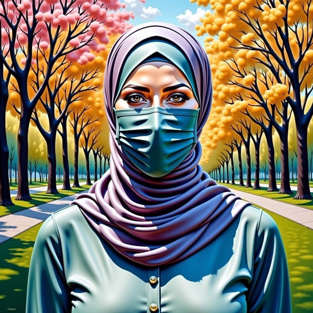 Woman with Hijab and Mask in Oil-Gouche Style
