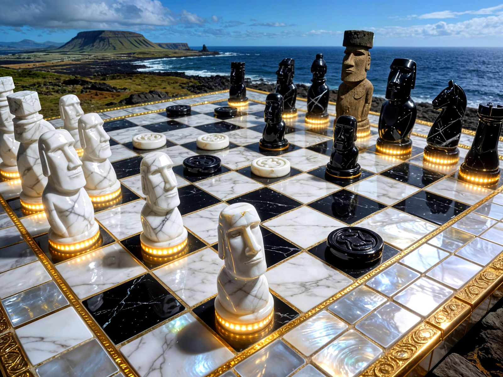 Moai Statues as Chess Pieces on Giant Game Board