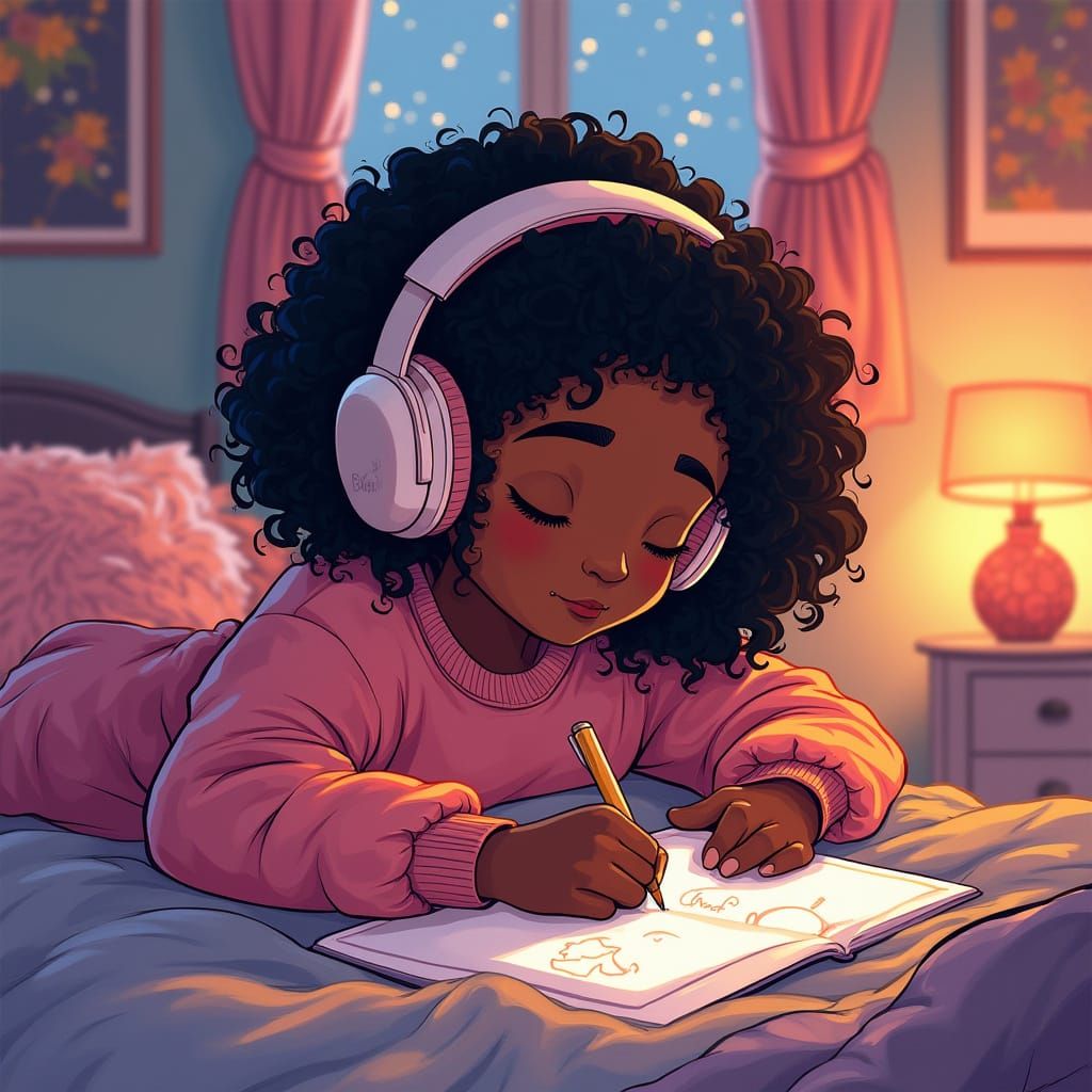 Cozy Bedroom Illustration of Girl Drawing with Headphones