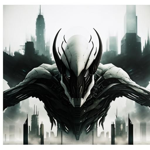 Alien Creature in Dystopian Cityscape: Double Exposure Photo...