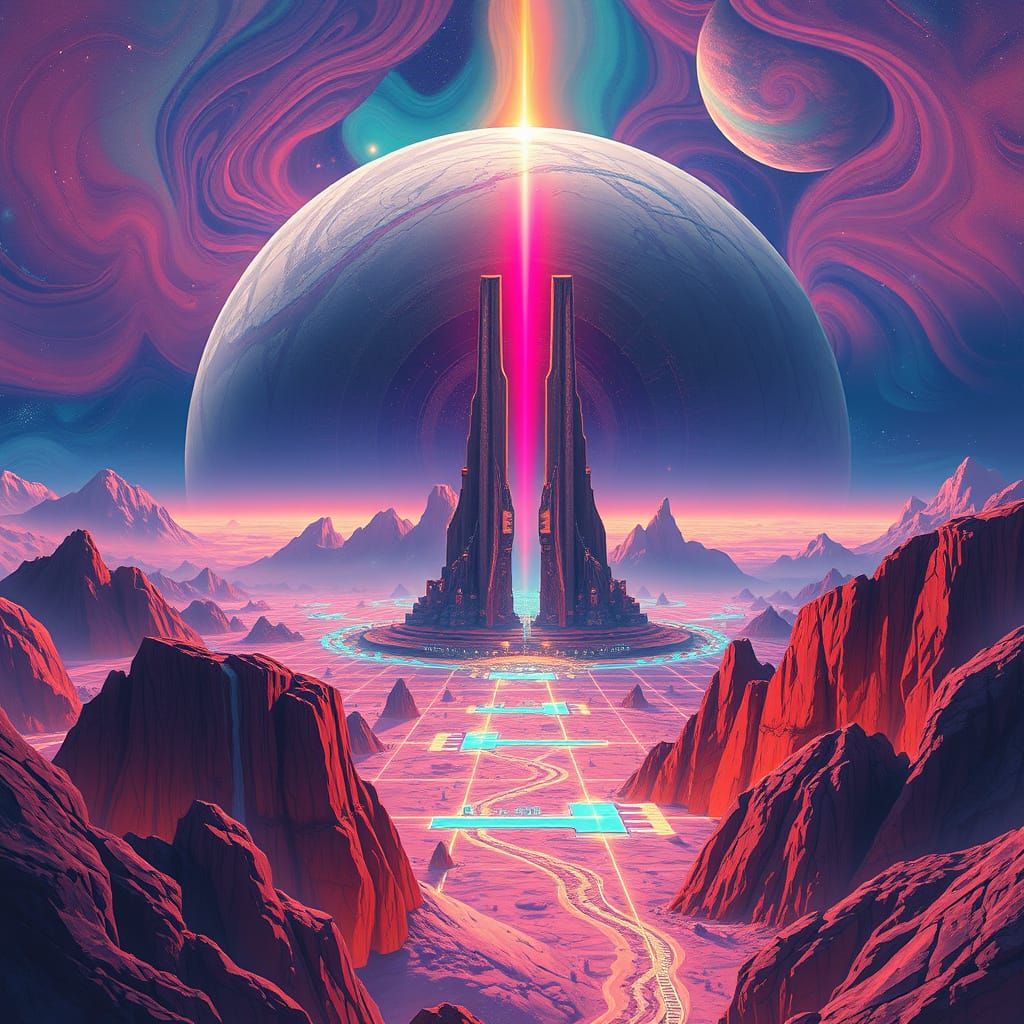Futuristic Planet with Pulsing Ley Lines in Synthwave Style