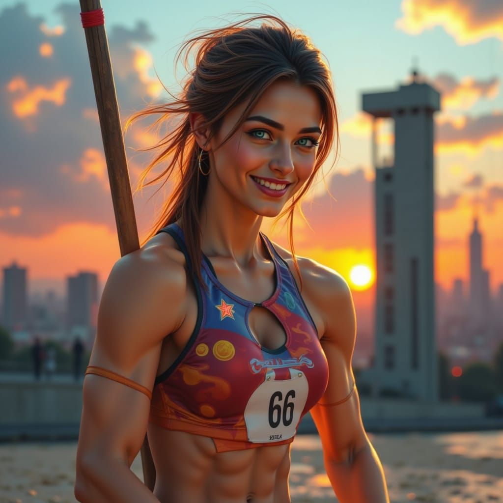 Champion Heptathlete Posing in Athletic Gear