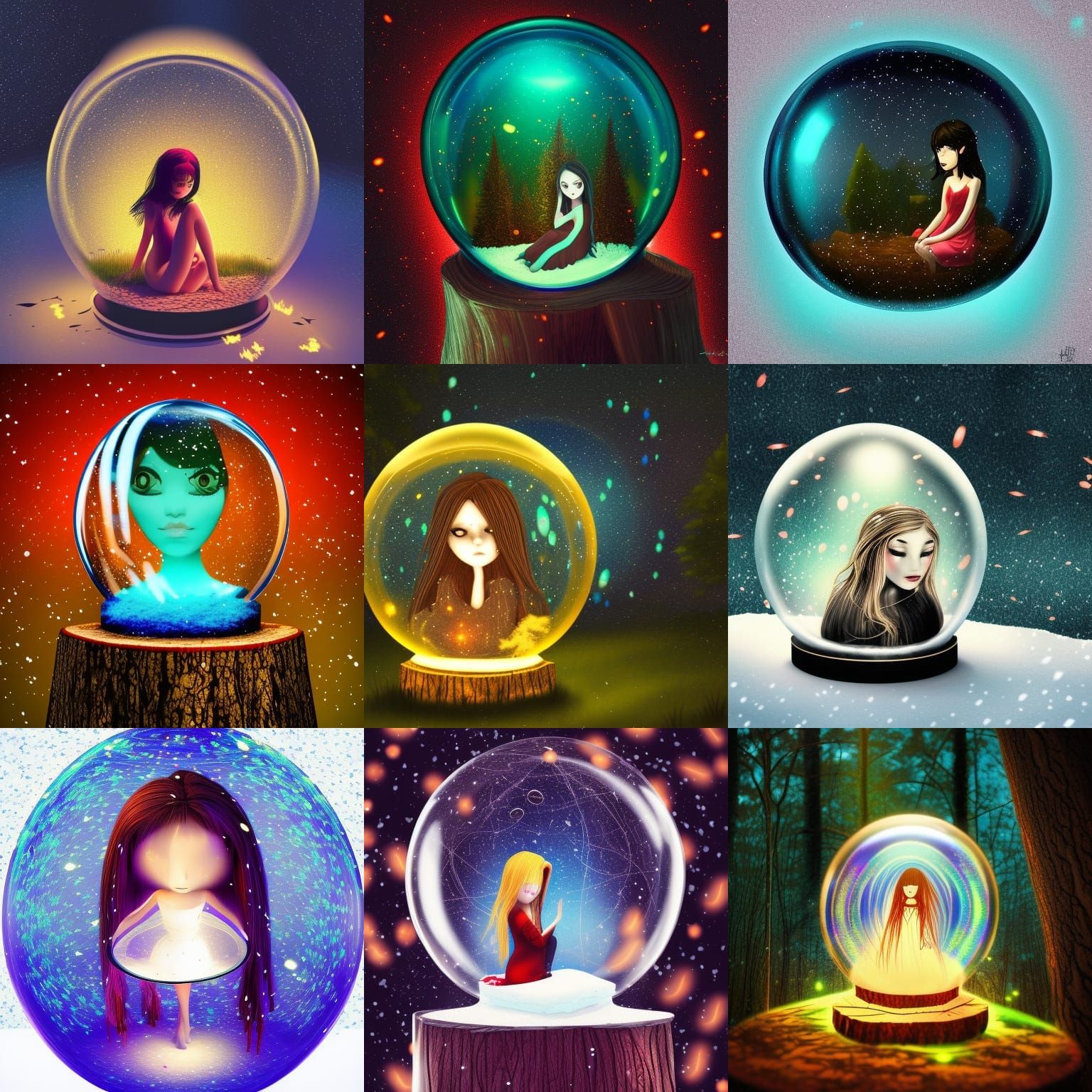 Beautiful lonely goth girl inside a snow globe filled with fireflies.