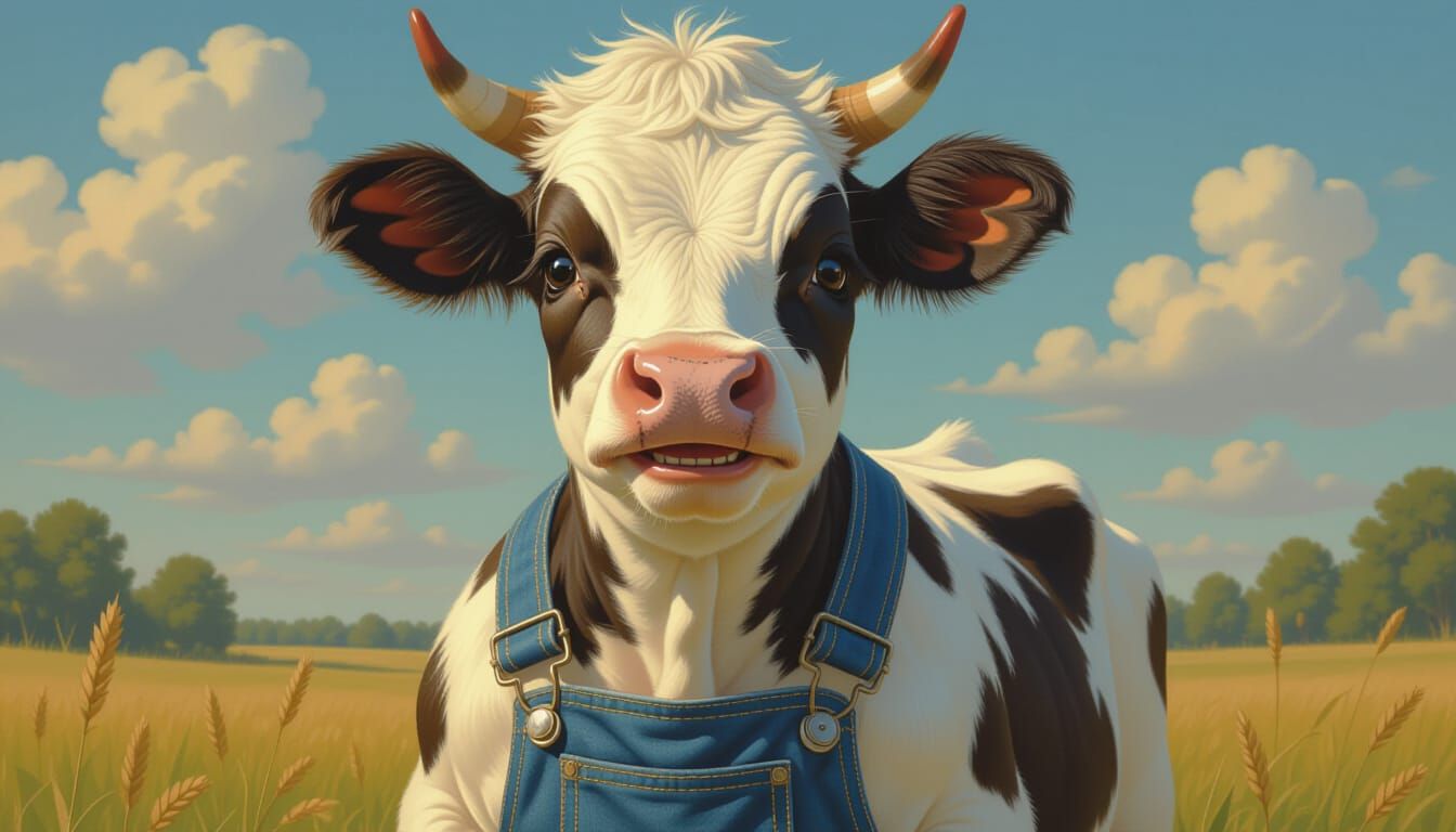 Supercute Chibi Cow in Overalls, Sharp Photograph