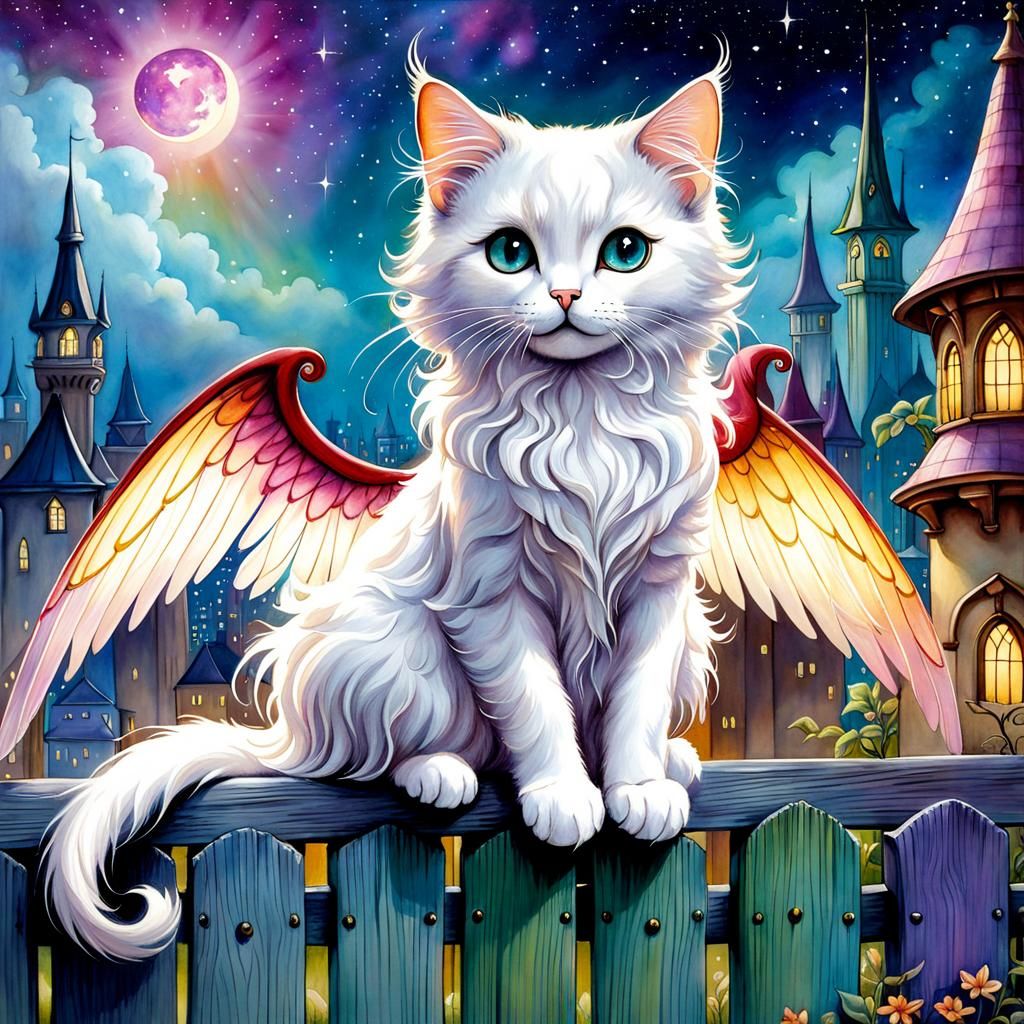 Fairy Cat on Fence: Watercolor Fantasy