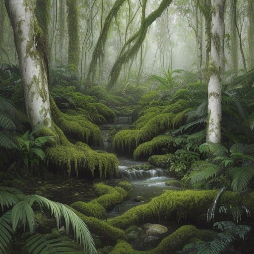 Spectacular Green Rainforest Canvas with Intricate Vines and...