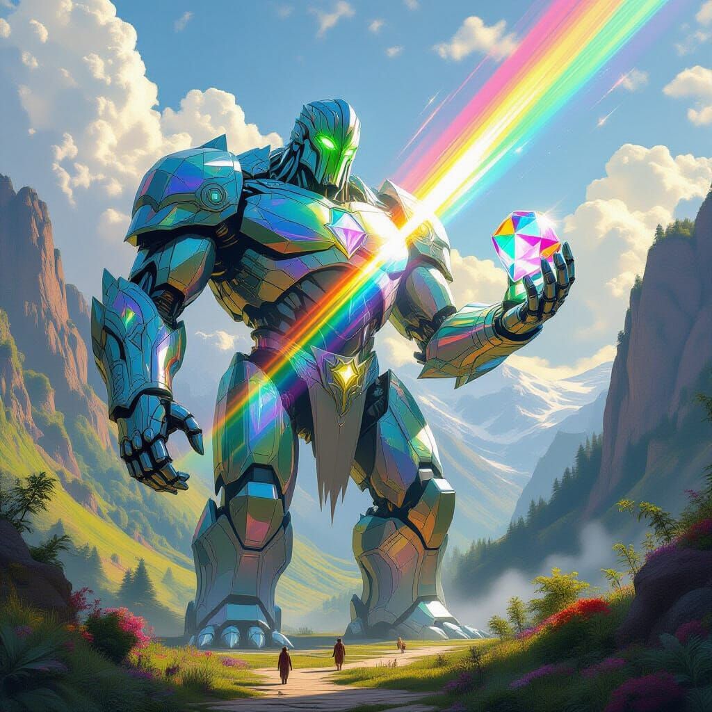 Crystal Golem Refracts Rainbow Light in Gothic Art Style