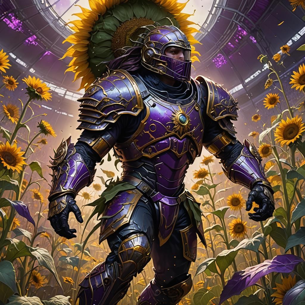 Armored Football Player vs Giant Sunflowers, Dark Fantasy