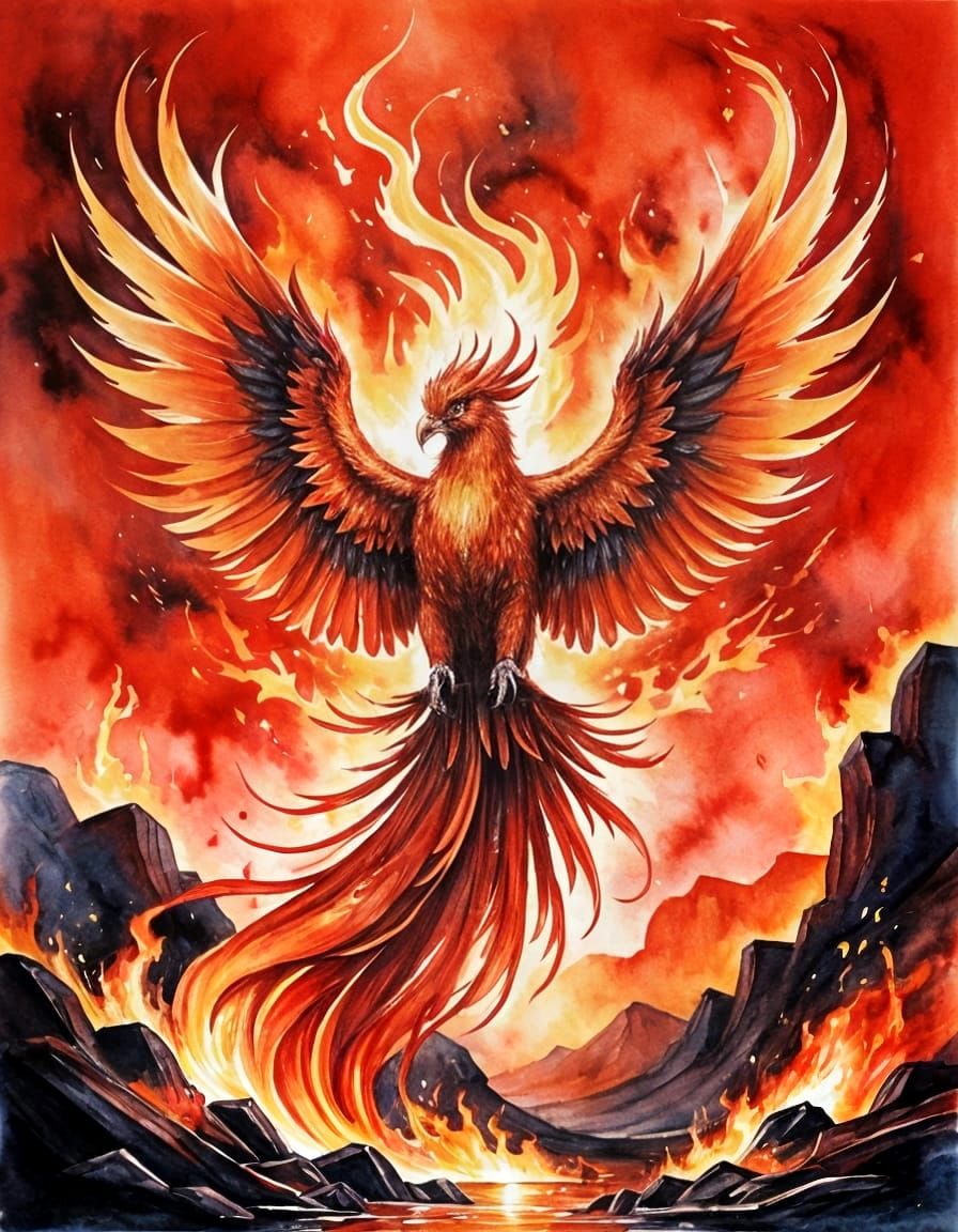 Flame-Red Phoenix Rising: Vivid Watercolor Art