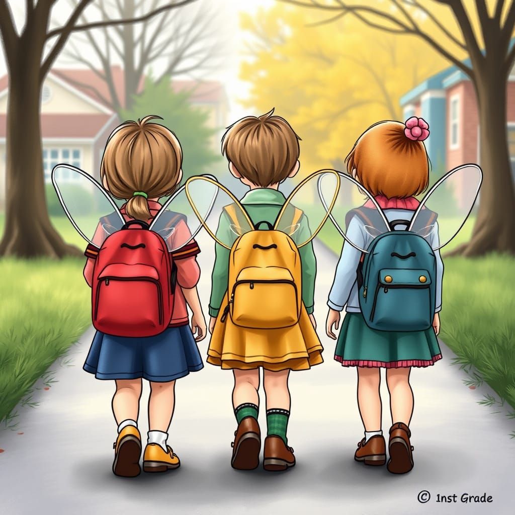 Children with Fairy Wings Backpacks Head to School