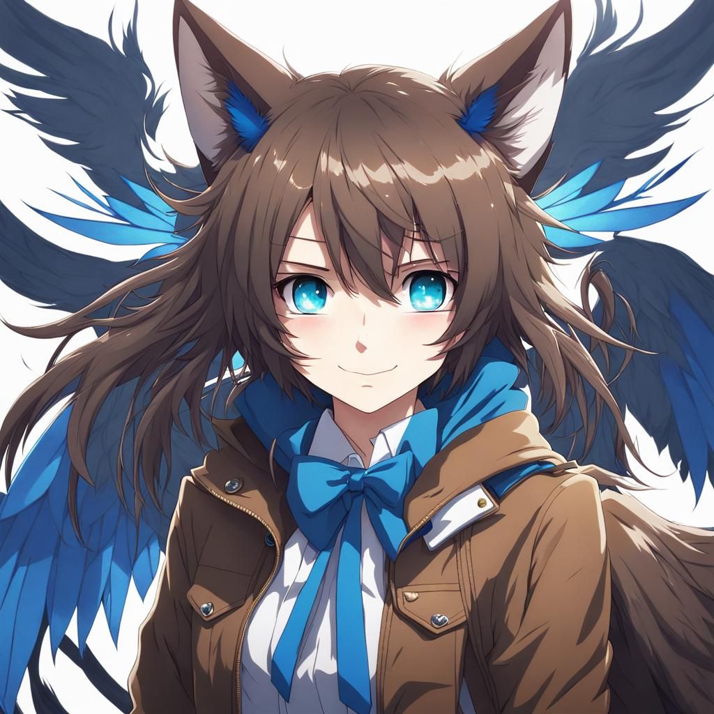 Anime-Style Hybrid Character with Wolf Ears and Wings