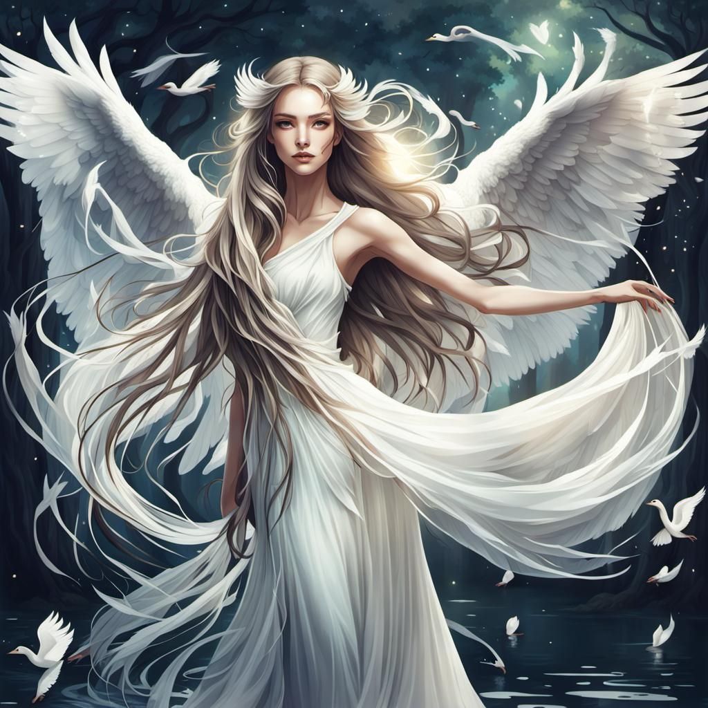 Ethereal Swan Girl in Radiant Fantasycore Style