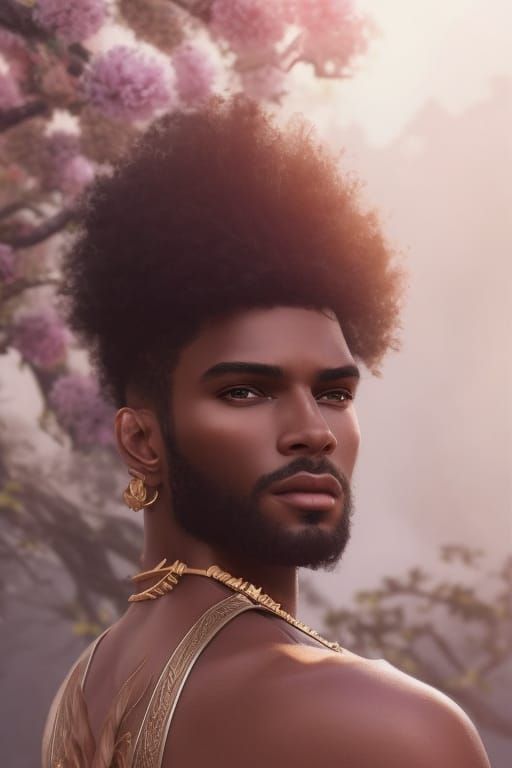 Black God of Beauty: Hyperrealistic Floral Portrait