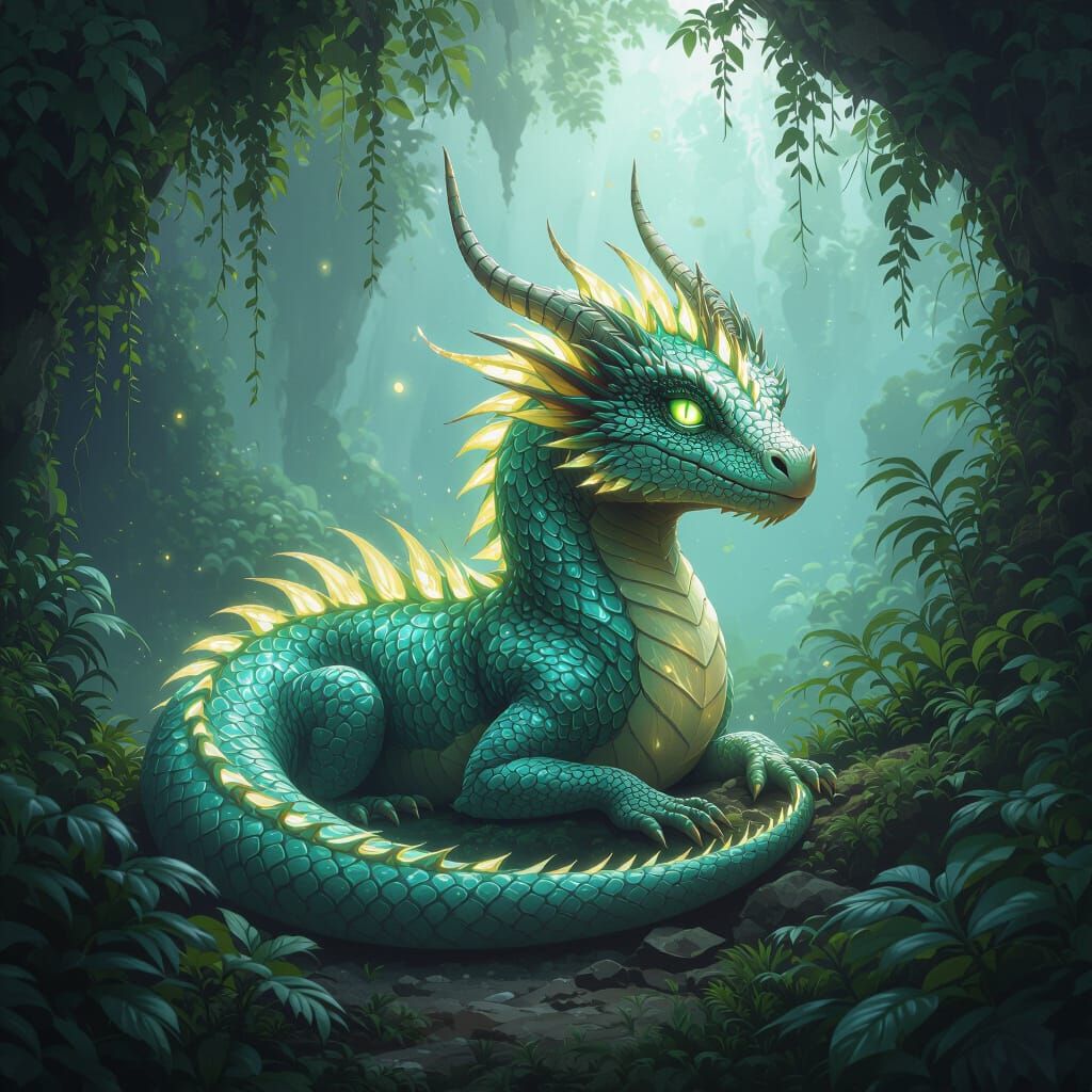 Bioluminescent Dragon in Primeval Grotto