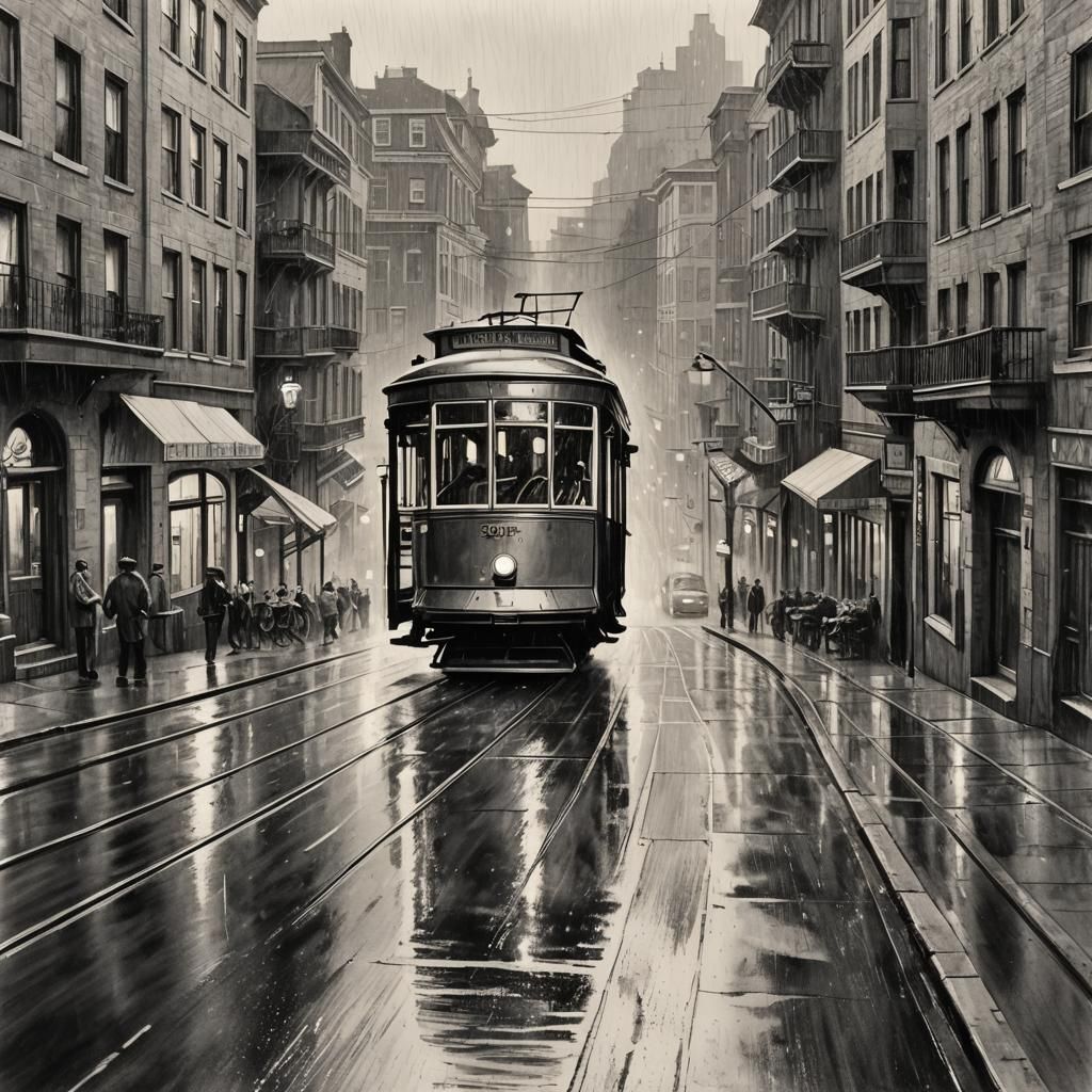 Vintage Streetcar on Lombard Street: Charcoal and Ink