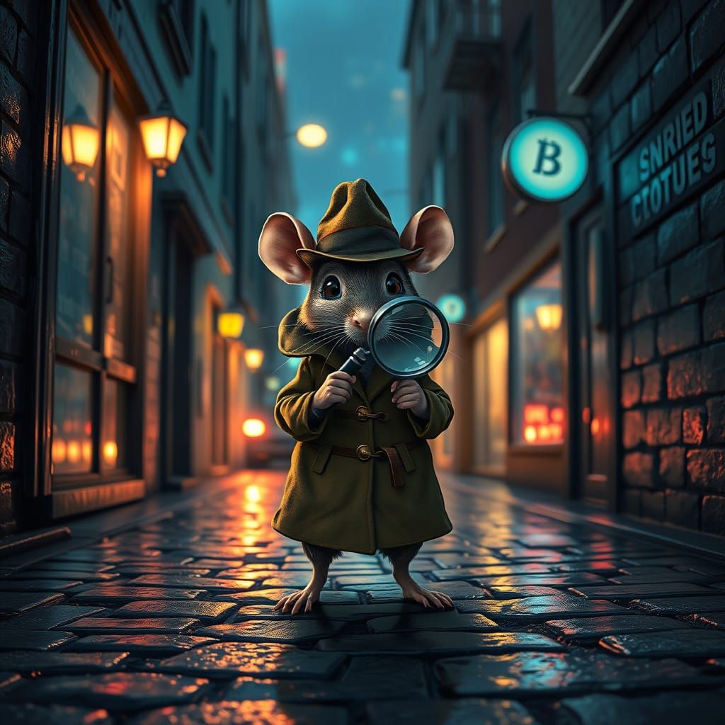 Cute Rat Detective in Rainy Alley, Digital Matte Painting