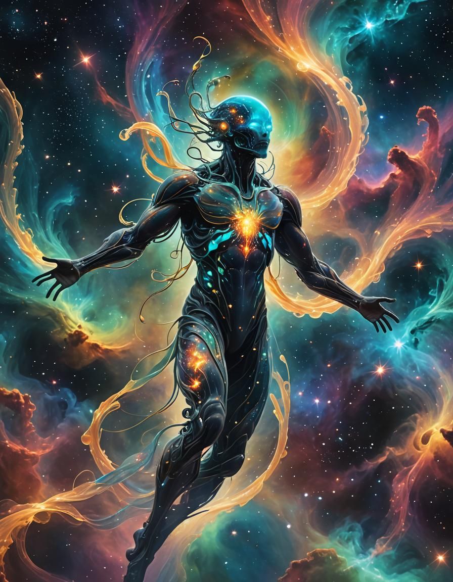 Bioluminescent Being Dances in Nebula's Embrace