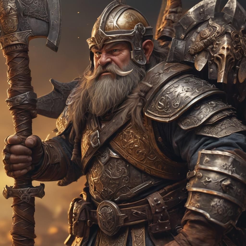 Dwarf Warrior in Armor with Axe and Hammer