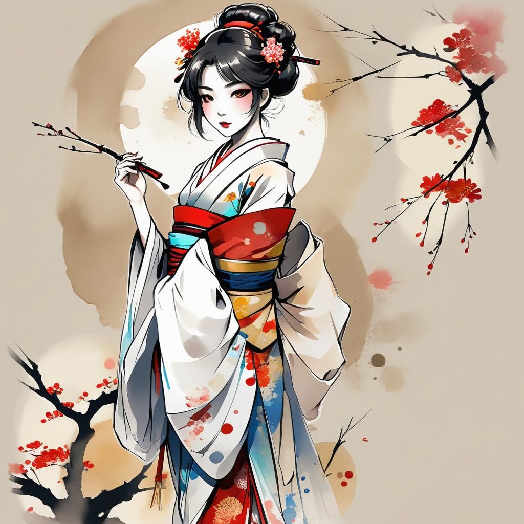 Minimalist Art Nouveau Geisha Girl Ink Sketch