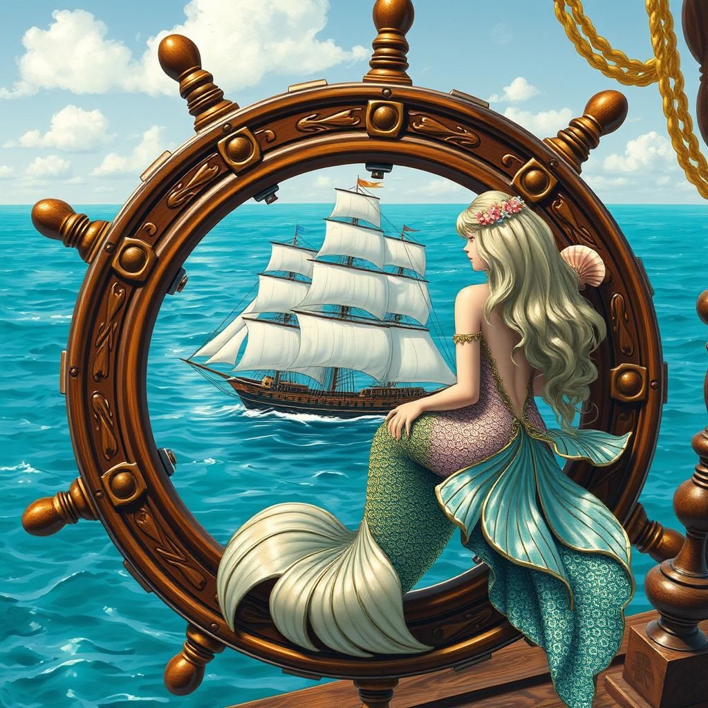 a beautiful detailed ships wheel, a beautifully detailed mer...