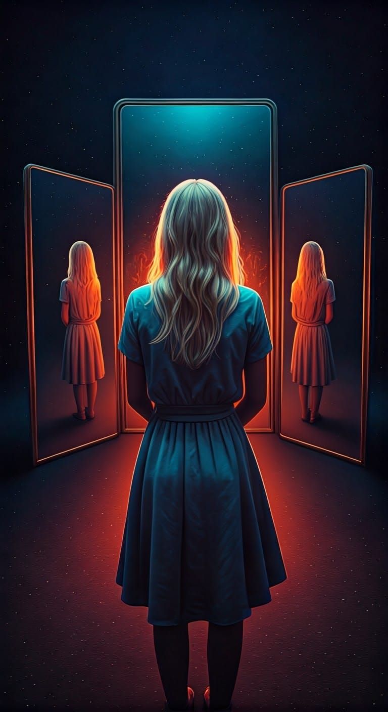 Woman Lost in Infinite Reflections in Vibrant Colors