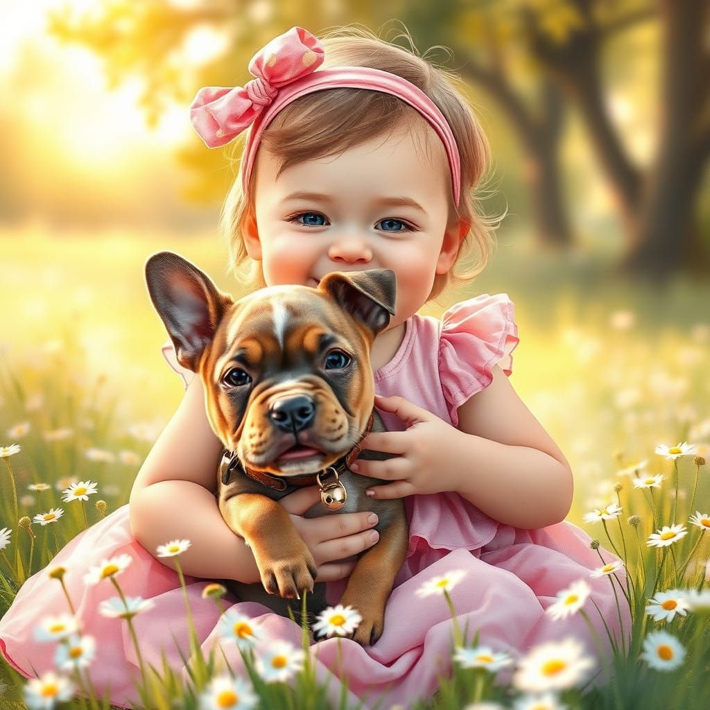 Warmth of Innocence: Softly Lit Scene of Baby Girl and Lovab...