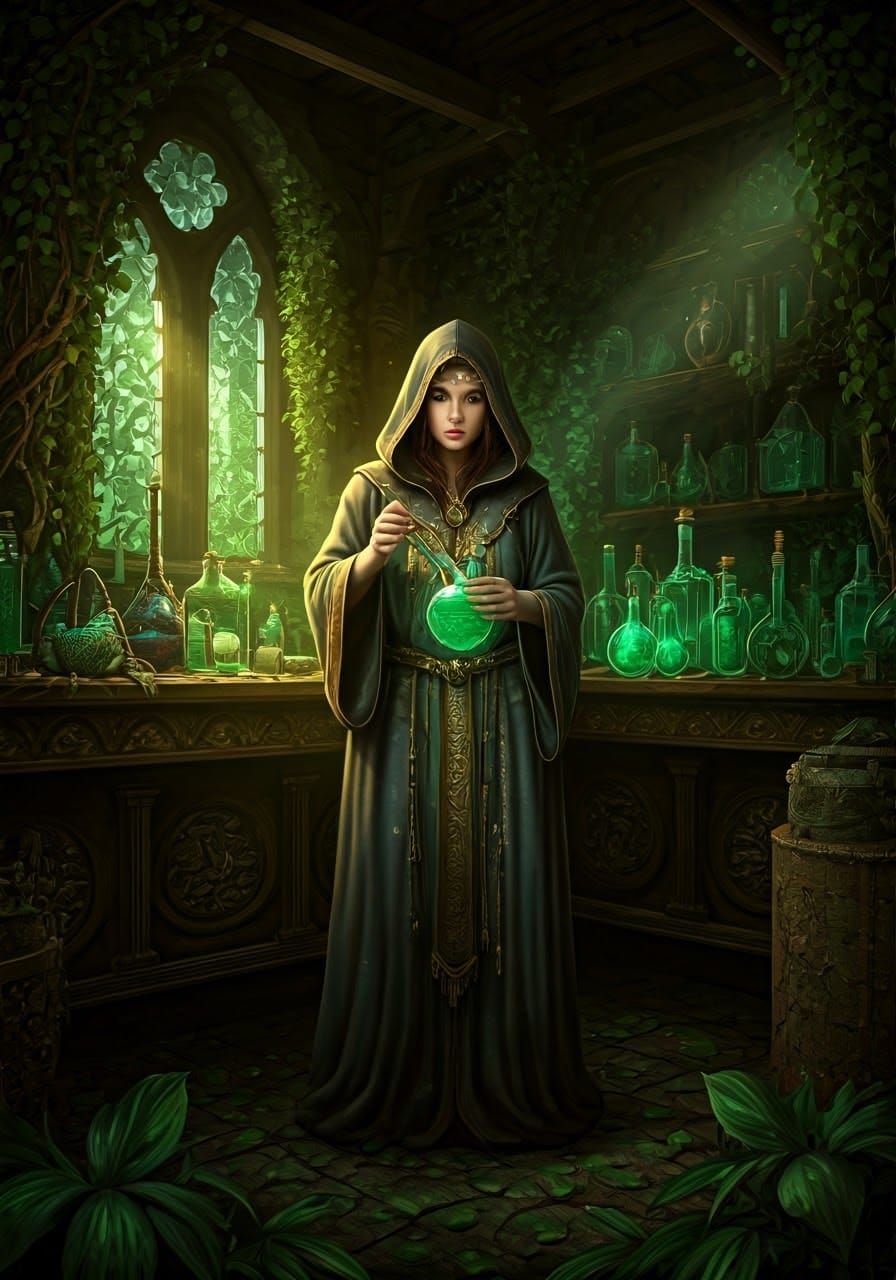 Mystical Alchemist in a Primeval Forest Laboratory