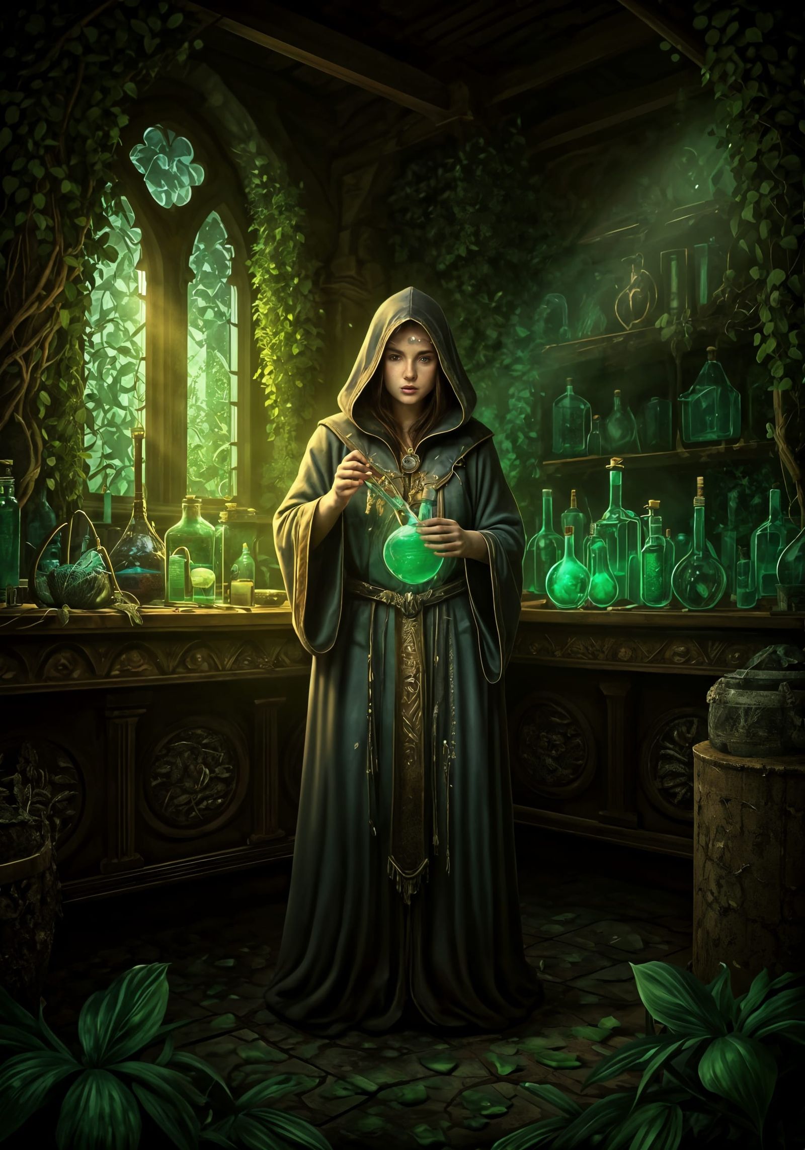 Mystical Alchemist in a Primeval Forest Laboratory