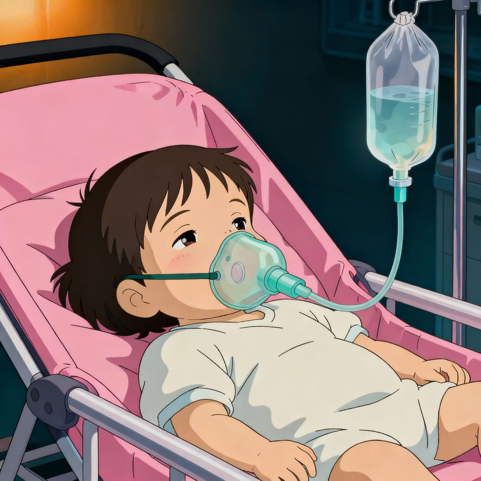 Infant Girl in Medical Stroller with Anesthesia Mask