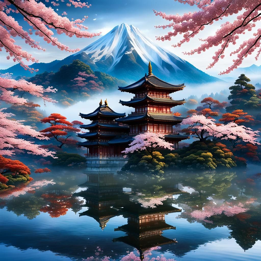 Oriental Temple in Mystical Forest, Dreamlike Illustration