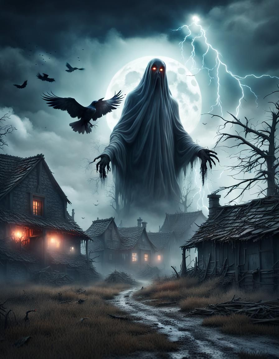 Creepy Ghost Haunts Destroyed Village at Night