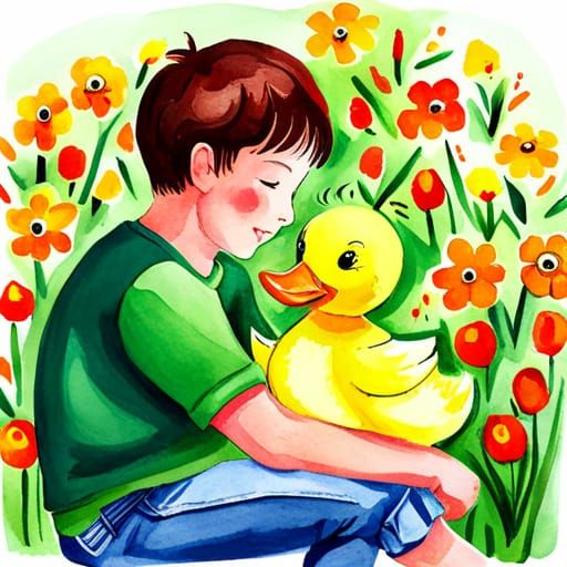Boy and Duck Cuddle in Flowery Meadow Watercolour