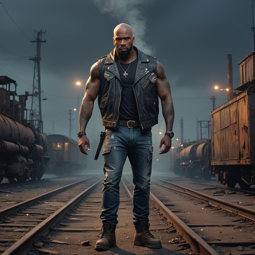 Biker in Abandoned Rail Yard: Fantasy Concept Art